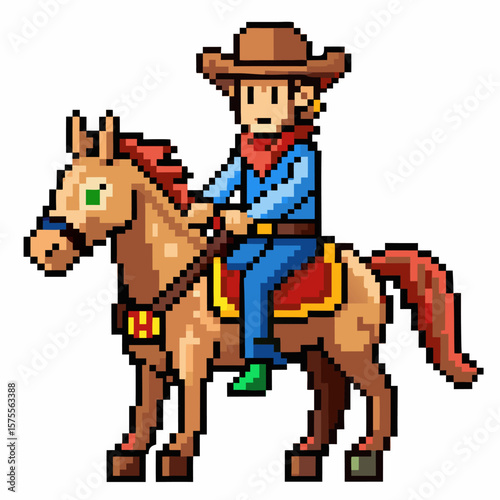 Retro Pixel Art Cowboy Riding Horse   8 Bit Western Character Design