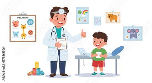 Happy pediatrician examining a cheerful young boy during a checkup in a brightly decorated office.