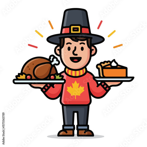Character with turkey and pie, Canadian Thanksgiving theme. Vector flat design cartoon. AI generated images. 