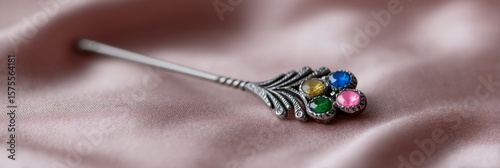 Dazzling jeweled hairpin on silken whisper, invoking Renaissance fair enchantment and eccentricity of Victorian steampunk cosplay allure