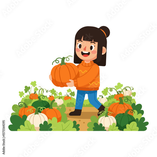 Character picking pumpkins on a farm, harvest season. Vector flat design cartoon. AI generated images. 