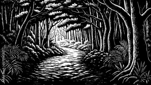 deep jungle path inside Congo Rainforest filled with thick vegetation, tall trees, and scattered light shown in black and white line art illustration for cultural, ecological, and adventure design