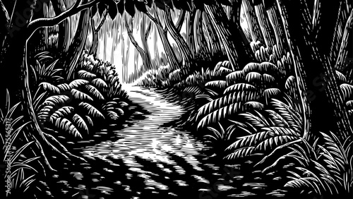 deep jungle path inside Congo Rainforest filled with thick vegetation, tall trees, and scattered light shown in black and white line art illustration for cultural, ecological, and adventure design
