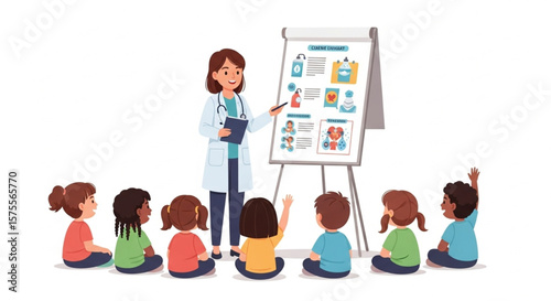 A female doctor explains medical information to a group of young children during a presentation.