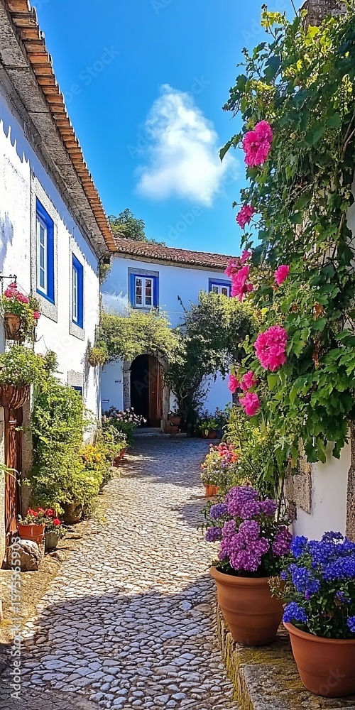 Fototapeta premium Charming Narrow Street in Obidos, Portugal with Blue Building and Lush Flora Alongside the Path