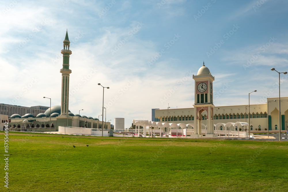 Obraz premium Grand Mosque and clock tower in Doha. Doha, Ad-Dawhah,