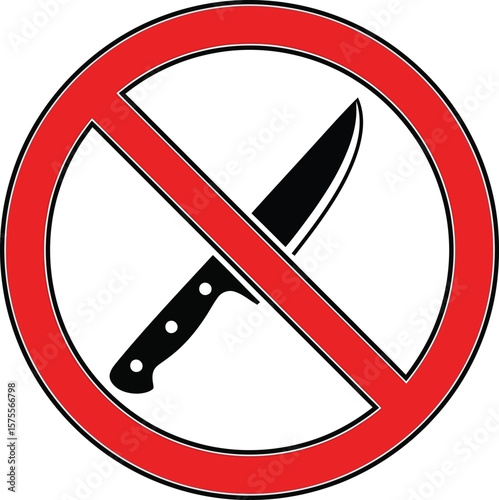 No knives allowed sign, red circle, knife ban, prohibited weapon symbol. Restricted cutlery, safety regulations illustration.