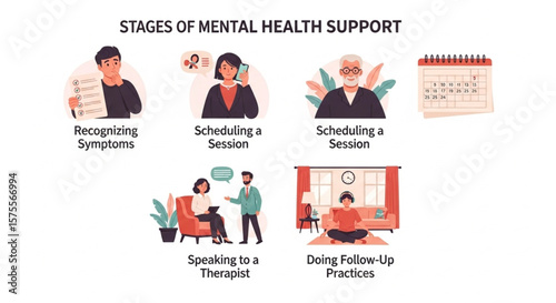 Illustrative diagram depicting the stages of mental health support, from recognizing symptoms to follow-up practices.