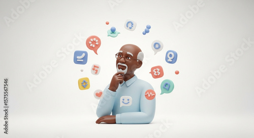 Thoughtful elderly man surrounded by colorful social media icons, contemplating digital communication.