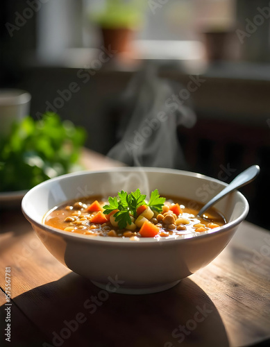 Wallpaper Mural Lentil soup with mixed ingredients and herbs in a white bowl with a spoon Torontodigital.ca