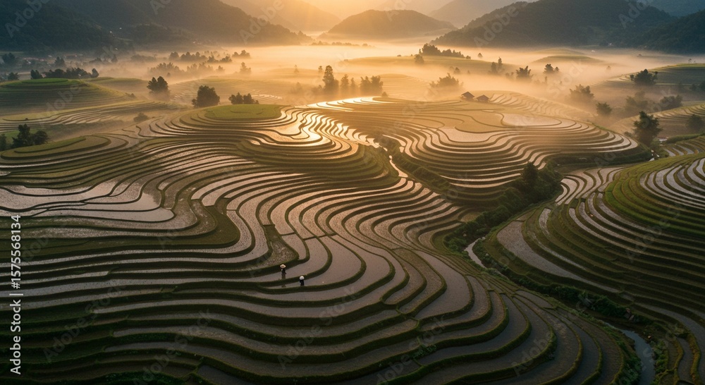 Naklejka premium Terraced rice paddies sunrise view