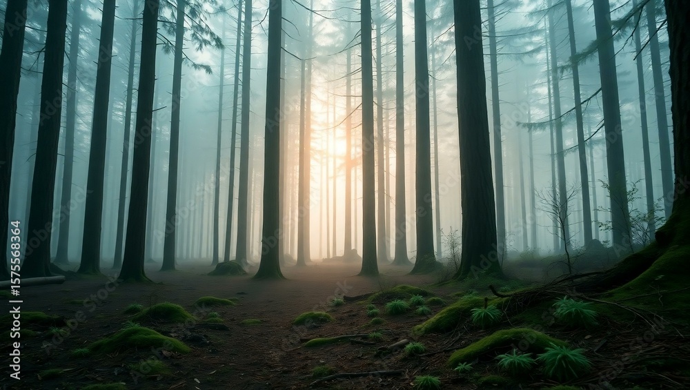 Naklejka premium Misty Morning in a Serene Pine Forest