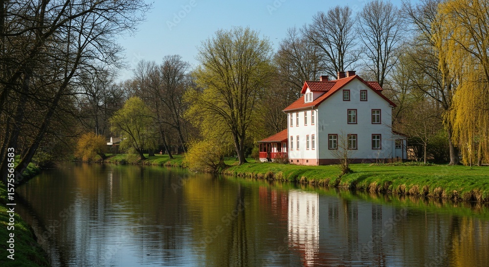 Fototapeta premium Tranquil house by riverbank