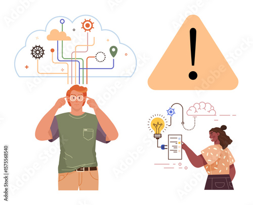 Man contemplating cloud of interconnected ideas and gears, woman analyzing solutions with light bulb and paper, warning sign representing caution. Ideal for brainstorming, teamwork, innovation