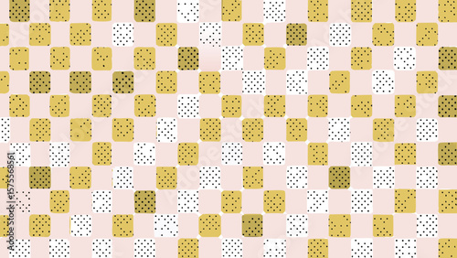Seamless abstract polka dot squares pattern in pastel pink and mustard yellow tones