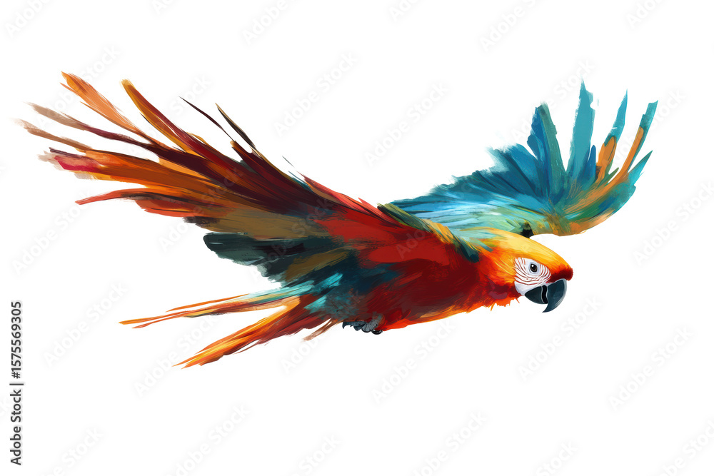 Obraz premium Colorful Parrot in Mid-Flight Isolated on White 
