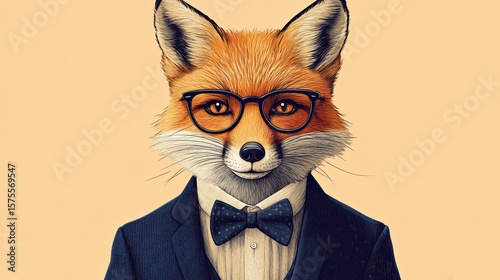 Sophisticated fox illustration wearing navy suit with glasses and bow tie, blending animal art with human fashion