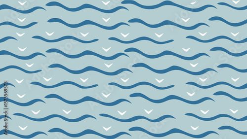 Seamless pattern featuring stylized ocean waves and soaring bird shapes in a calming blue palette.