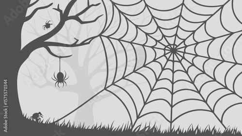 Silhouette of a tree with spiders and a large spiderweb on a light gray background for halloween night