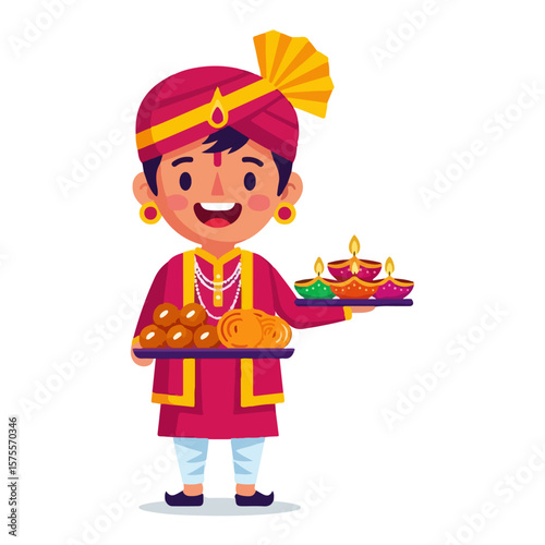 Character with Diwali lamps and sweets, Diwali festival. Vector flat design cartoon. AI generated images. 