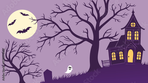 Spooky halloween night scene with haunted house bats moon ghost and bare trees in a purple color scheme