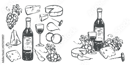 Vector set with wine, wine glass and snack. Grapes, cheese and fruits in quick linear ink sketch style. Clip art for restaurant menu, wine list or invitation to tasting.