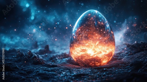 Starry glowing egg floating in dark scene | stock photo, fantasy artwork, surreal celestial magic