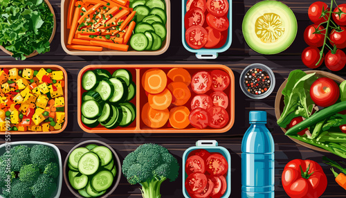 Top-down vector of healthy meal prep with veggies and lunchbox