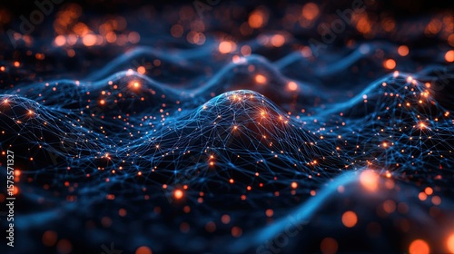 Stock photo showing abstract network connection visualization with nodes and lines symbolizing digital data flow