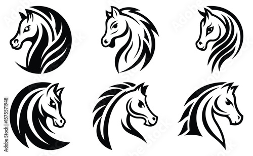 Stylized Horse Vector Heads Logos in Black and White Silhouettes Illustration