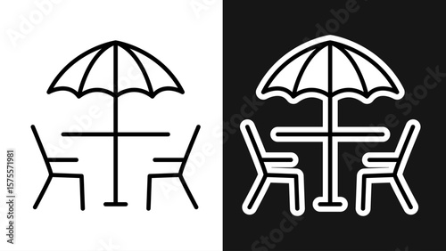 Outdoor Cafe Table and Chairs with Umbrella Icon Line Art Illustration
