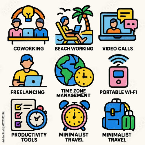 Remote Work and Digital Nomad Lifestyle Vector Icons