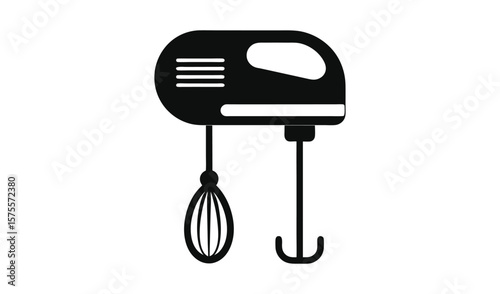 Black silhouette of a handheld electric mixer with whisk and dough hook attachments
