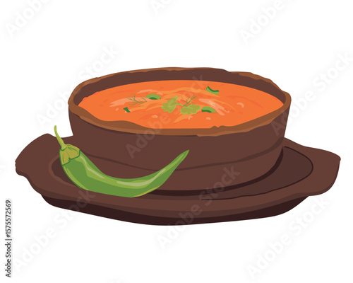 Saltah is a national dish of Yemen. It is made from a brown meat stew called marak and sahavik. Saltah is served for lunch in a stone pot called harada or maghla. Vector illustration in flat style