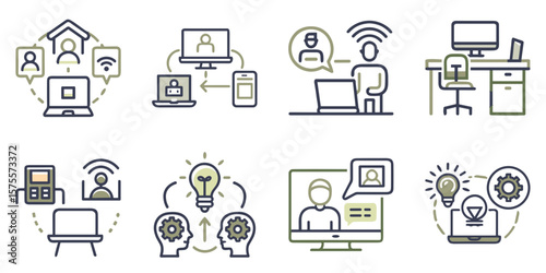 Remote work icon set for productivity blogs, telecommuting websites, and online collaboration tools
