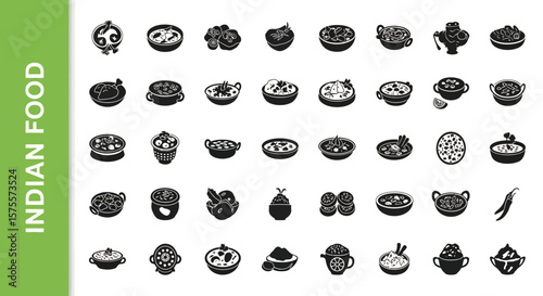 Indian Food Silhouette: Spicy Cuisine & Culinary Dishes Black Vector