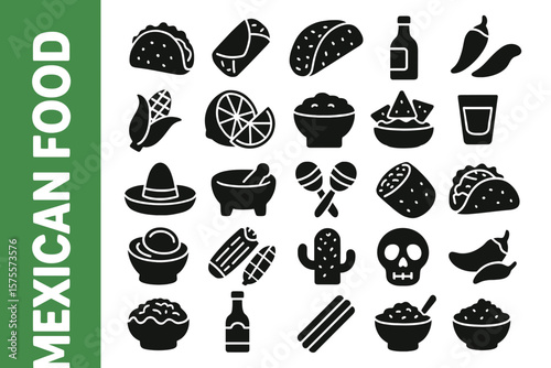 Mexican Food Silhouette: Tacos, Burritos & Spicy Cuisine Black Vector