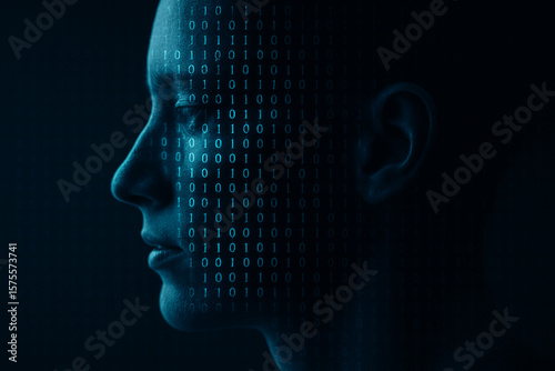 Profile of a person with digital binary code overlaying their face. Abstract concept of AI-human fusion, digital identity, and integration of consciousness and technology.