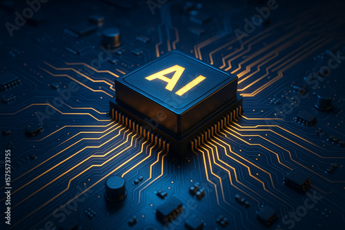 3D render of a glowing AI chip embedded on a motherboard, with radiant circuitry spreading outward. Blue and gold tones emphasize power, speed, and futuristic computing.