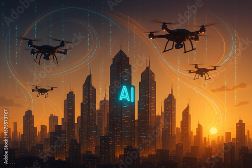 Futuristic AI-powered city skyline at golden hour with flying drones and glowing data streams. Vision of smart cities, automation, and technological advancement.