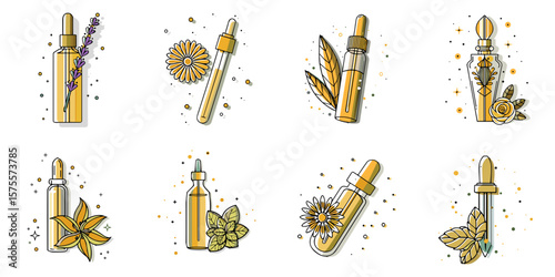 Aromatherapy oils icon set for wellness blogs, spa websites, and health awareness presentations