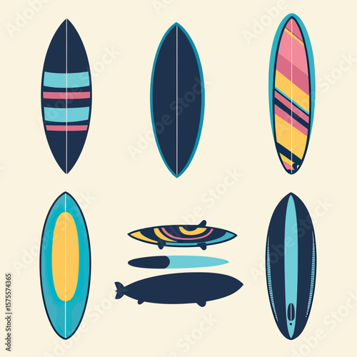 Set of six colorful flat minimalist surfboards with various stripe, geometric, and solid patterns top view illustration on light background for beach and water sports design concept