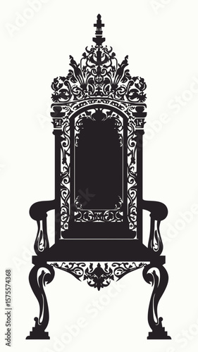 Ornate Royal Throne Silhouette with Detailed Floral and Baroque Patterns Classic Antique Furniture Design Vector Illustration