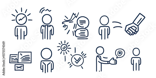 Hand drawn doodle business team icons with concept of success, communication, messaging, approval, and encouragement in minimalist sketch style vector illustration