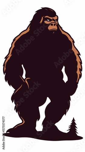 Bigfoot silhouette standing with hands in pockets next to small pine tree flat minimalist vector illustration for outdoor adventure or mythical creature concept
