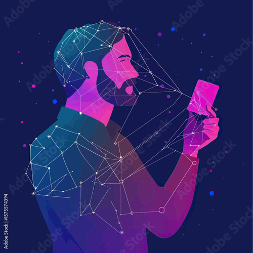 Man using smartphone with digital facial recognition scan and polygonal network connecting dots and lines on dark background technology concept vector illustration