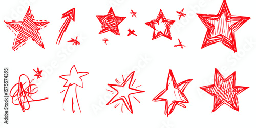 Hand drawn red star doodle collection with various shapes and sketchy scribble underline decorative design elements for emphasis or highlight use