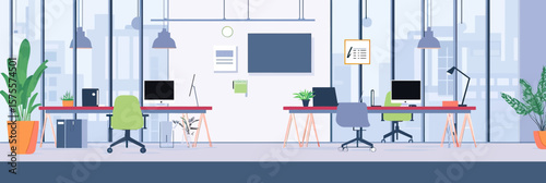 modern coworking office interior with minimalist desks desktop computers office chairs large windows plants flat vector illustration wide panoramic workspace scene for business environment