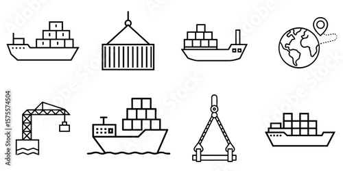 Sea freight icon set for logistics blogs, shipping company websites, and transport presentations