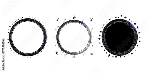 Set of three black circular star frames with laurel wreath patterns and sparkling stardust borders for decorative design and festive celebration elements vector illustration